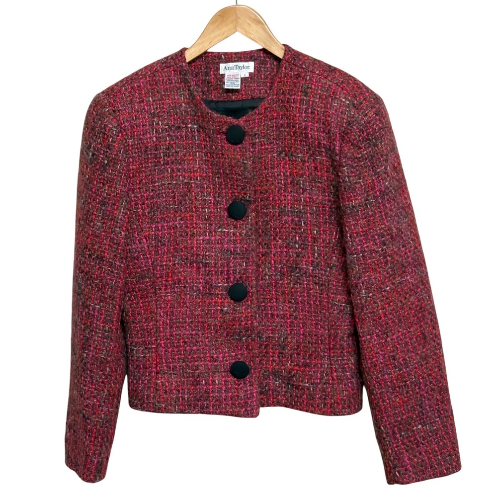 Ann Taylor Vintage Pink Red Wool Blend Tweed Blazer Jacket Size 8